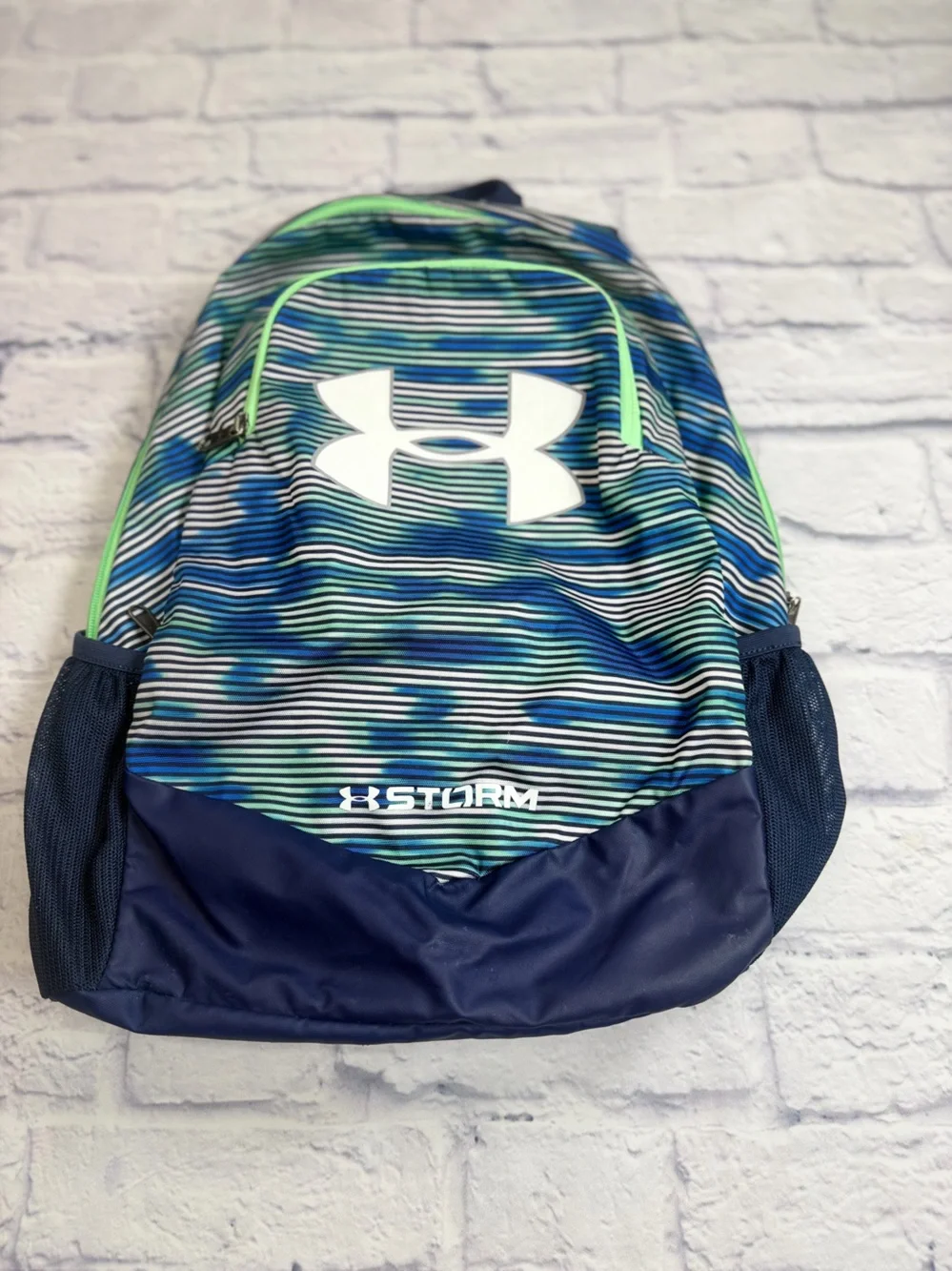 Under Armour Navy Blue Striped Backpack with Lime Accents